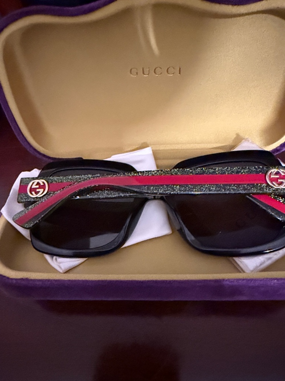 Gucci Black Sunglasses with Pink and Green Stripe and Gold Logo
